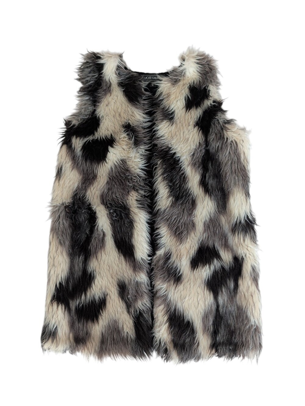 Almost Famous Shaggy Faux Fur Vest with Knit Back MEDIUM Black Gray White